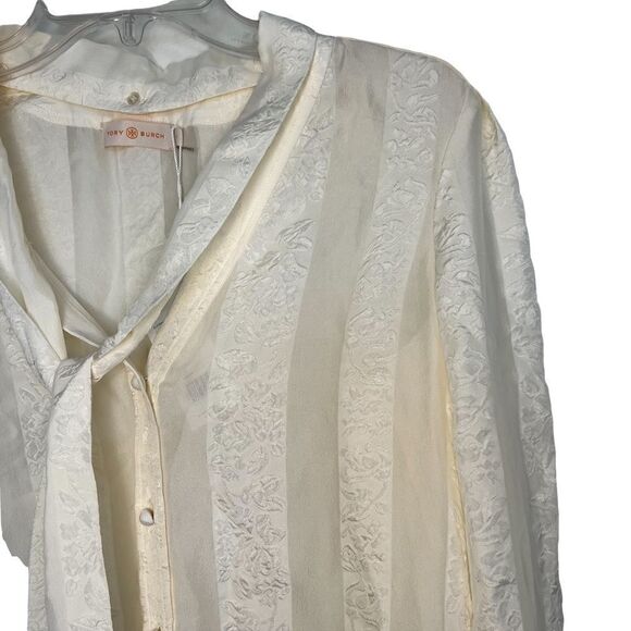 Tory Burch New Ivory Floral Chiffon Bow Blouse Size 4 - Picture 7 of 11